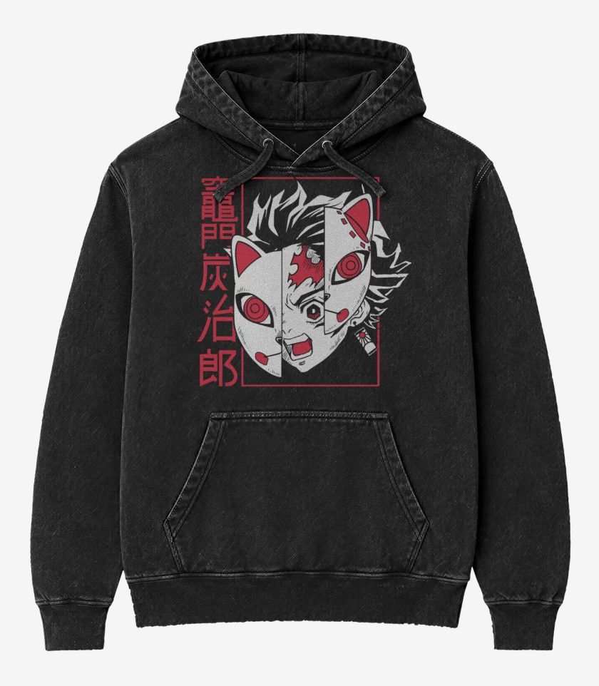 Poleron Canguro Acid Wash Negro de Tanjiro