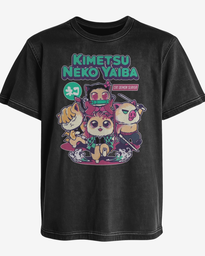 Polera desgastada Negro de Kimetsu Neko Yaiba