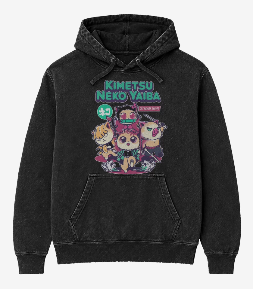 Poleron Canguro Acid Wash Negro de Kimetsu Neko Yaiba