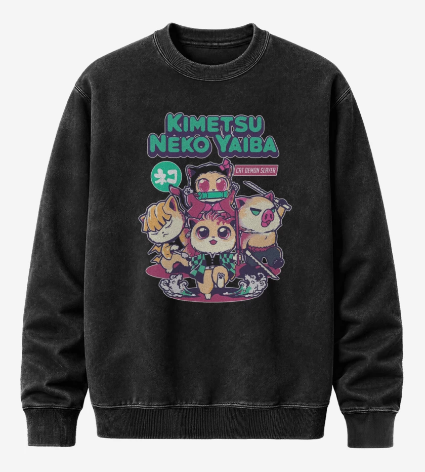 Poleron Polo Acid Wash Negro de Kimetsu Neko Yaiba