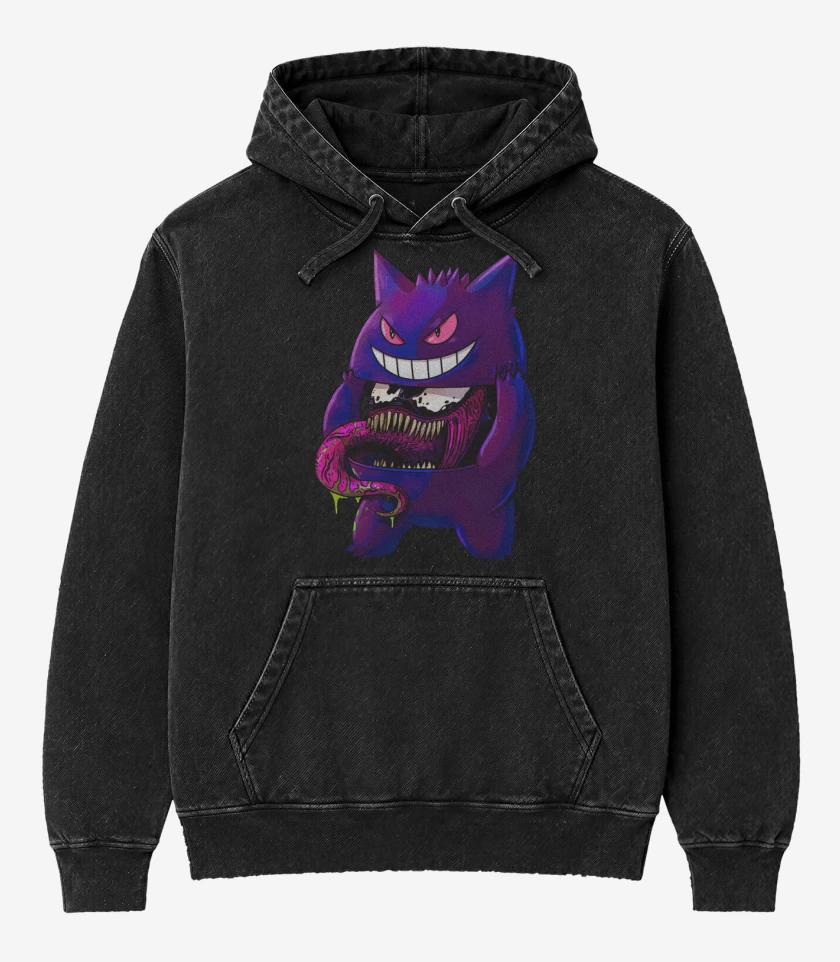 Poleron Canguro Acid Wash Negro de Gengar Desenmascarado