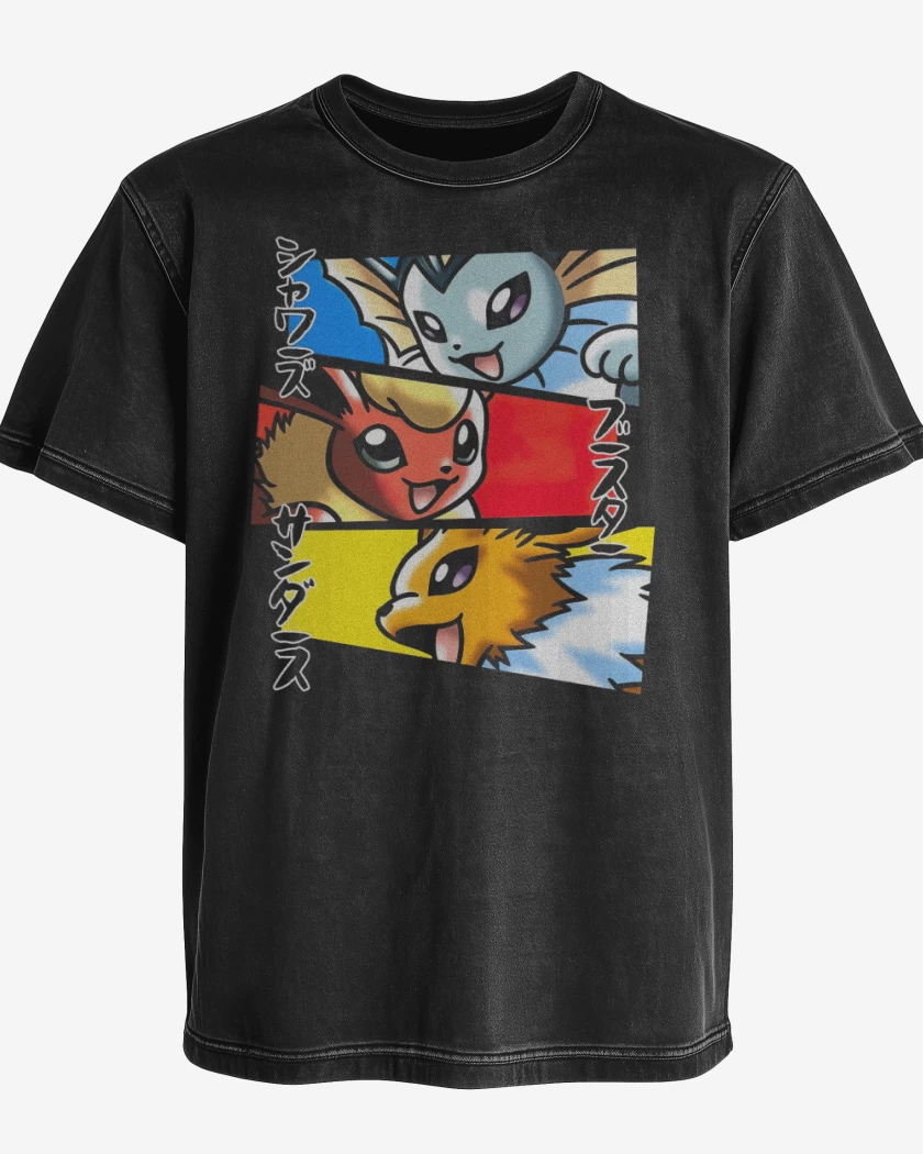 Polera desgastada Negro de Vaporeon Flareon Jolteon