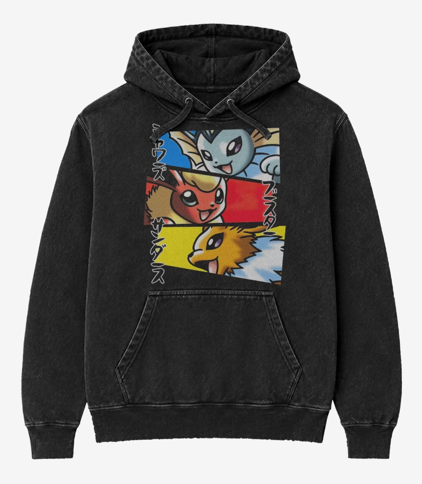 Poleron Canguro Acid Wash Negro de Vaporeon Flareon Jolteon