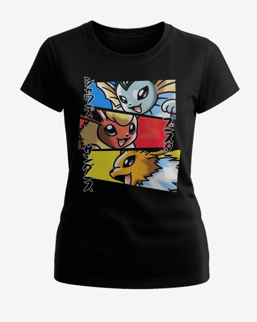 Polera de Mujer Negro de Vaporeon Flareon Jolteon