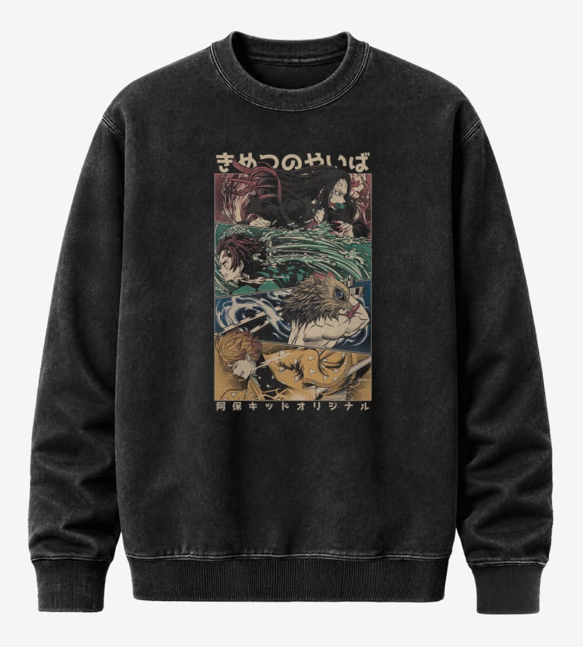 Poleron Polo Acid Wash Negro de Kimetsu no Yaiba 