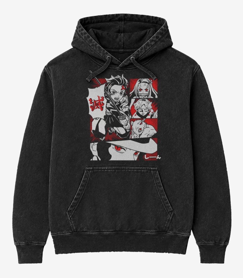 Poleron Canguro Acid Wash Negro de Kimetsu