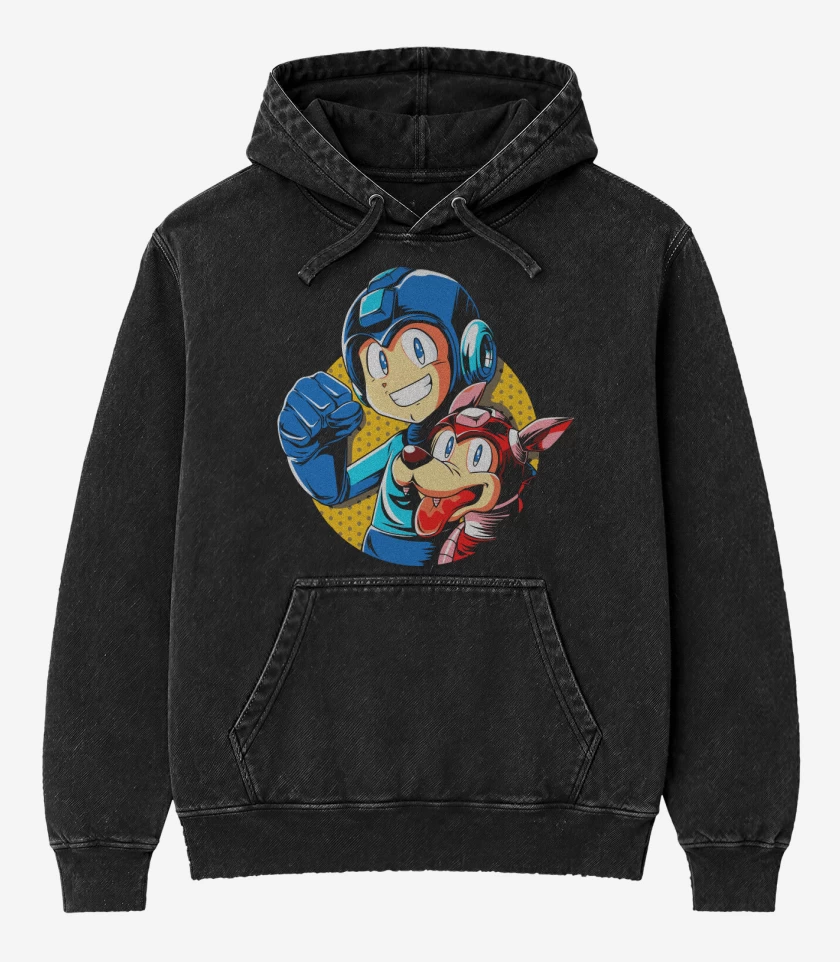 Poleron Canguro Acid Wash Negro de Megaman y rush
