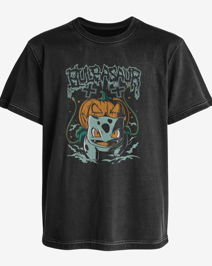 Polera desgastada Negro de bulbasaur pumpkins