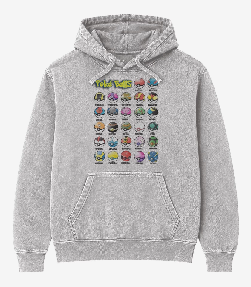 Poleron Canguro Acid Wash Gris Melange de Pokeballs