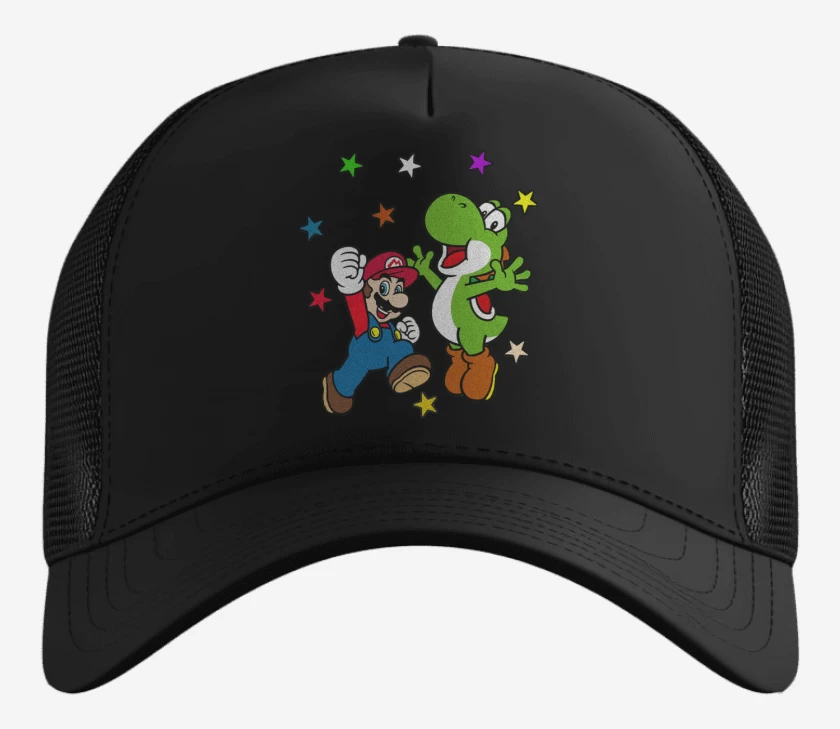 Gorro Negro de Super bigote y su dinosaurio