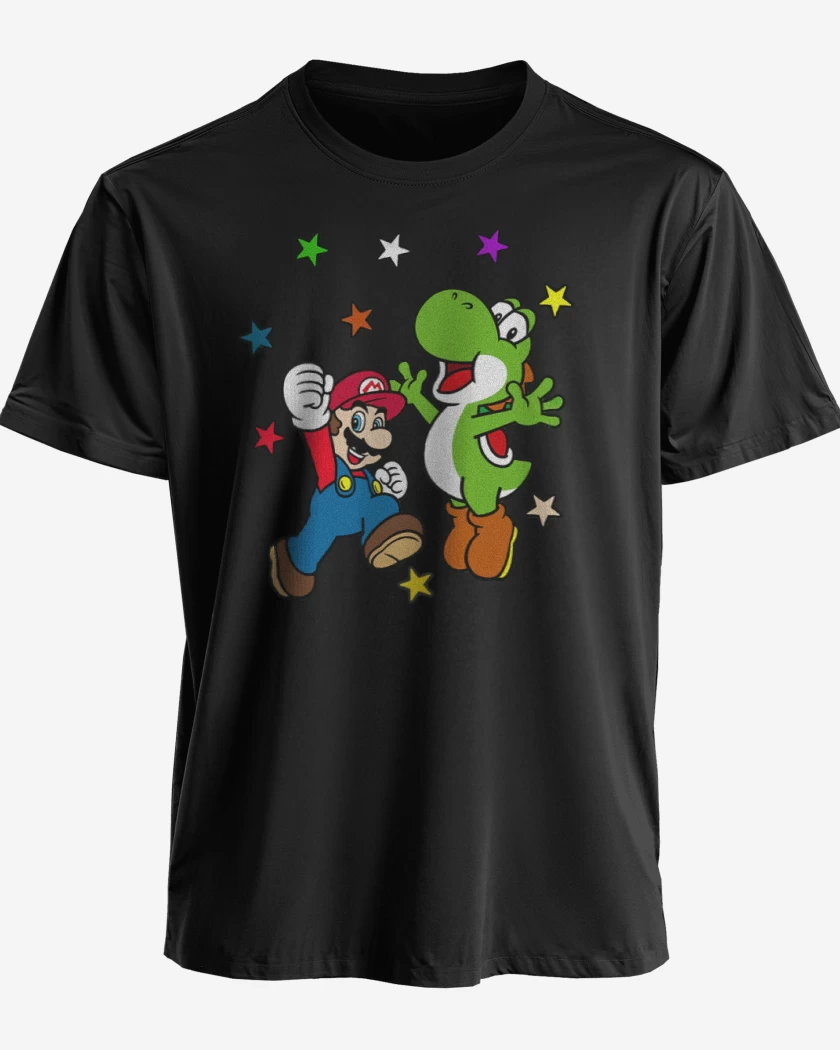 Polera premium Negro de Super bigote y su dinosaurio