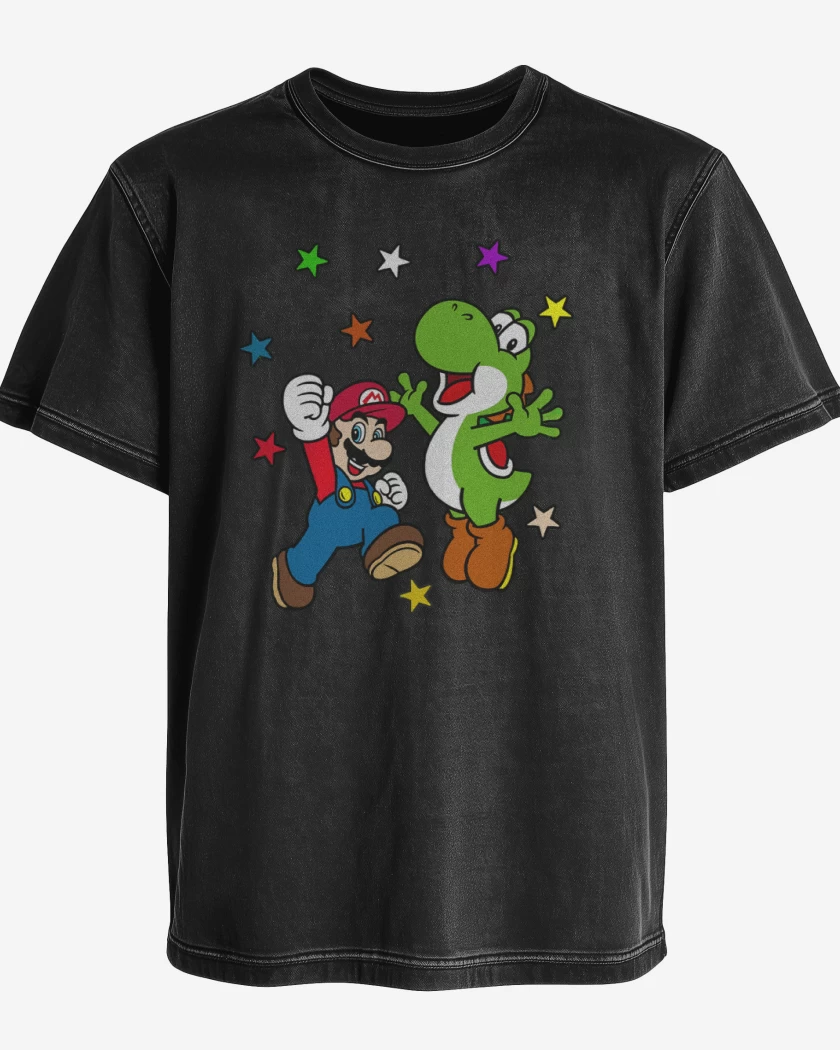 Polera desgastada Negro de Super bigote y su dinosaurio