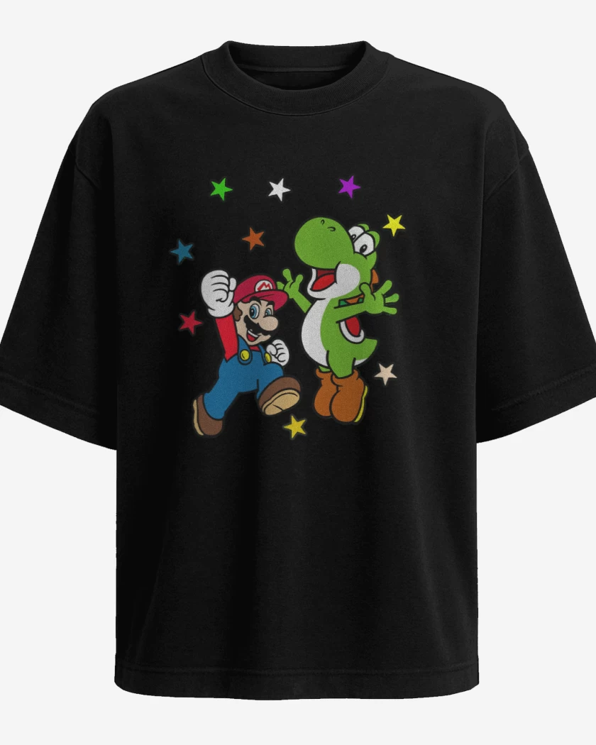 Polera Oversize Negro de Super bigote y su dinosaurio