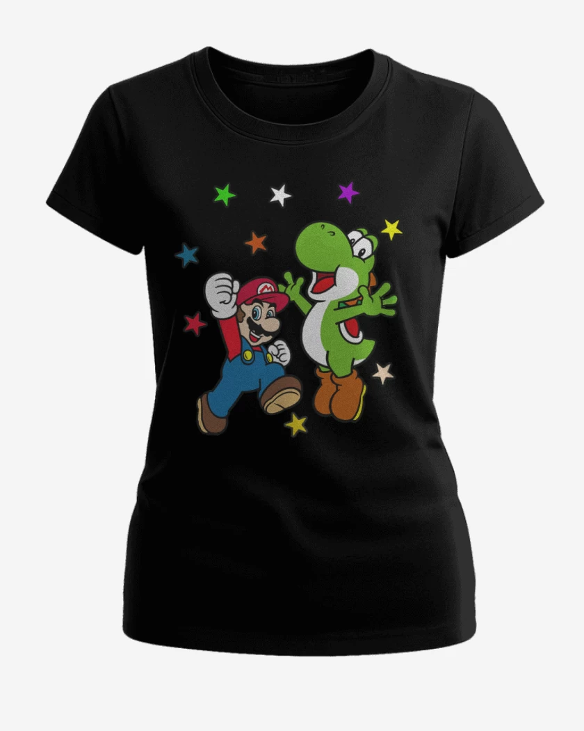 Polera de Mujer Negro de Super bigote y su dinosaurio