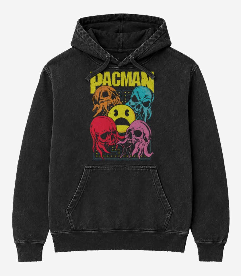 Poleron Canguro Acid Wash Negro de Pacman Skull