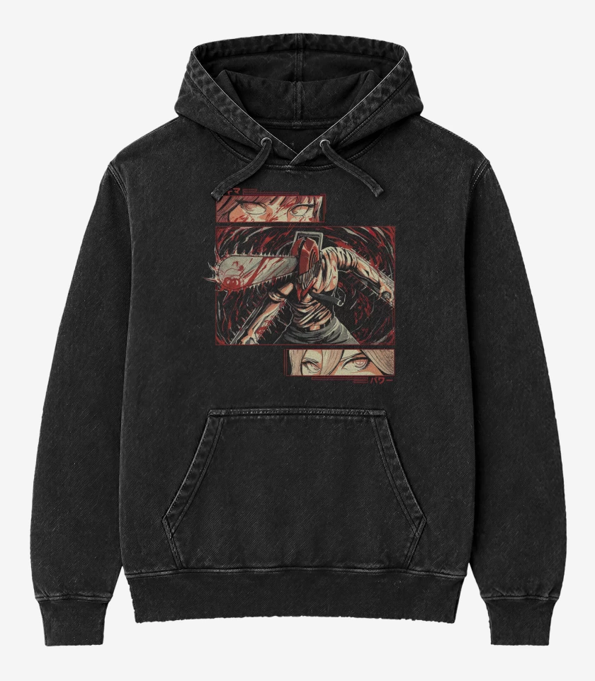 Poleron Canguro Acid Wash Negro de Chainsaw Man