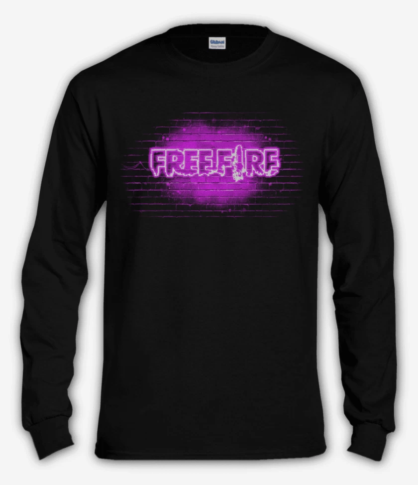 Polera manga larga Negro de Free fire neon morado