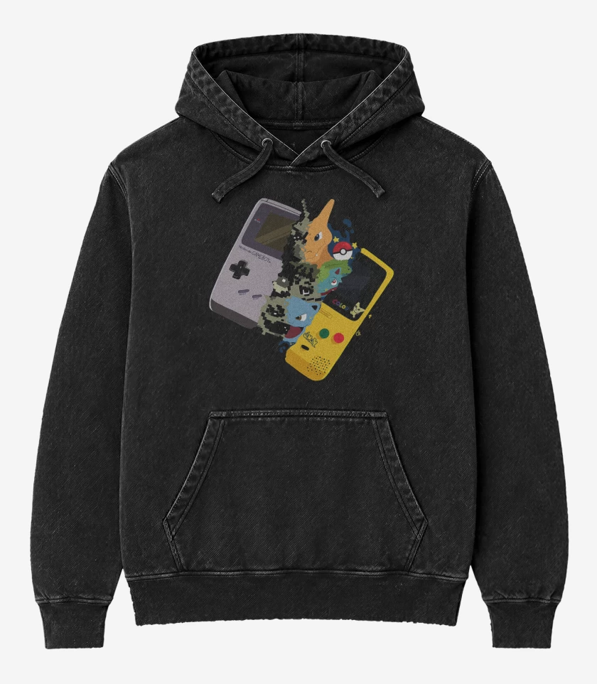 Poleron Canguro Acid Wash Negro de Gameboy pokemon