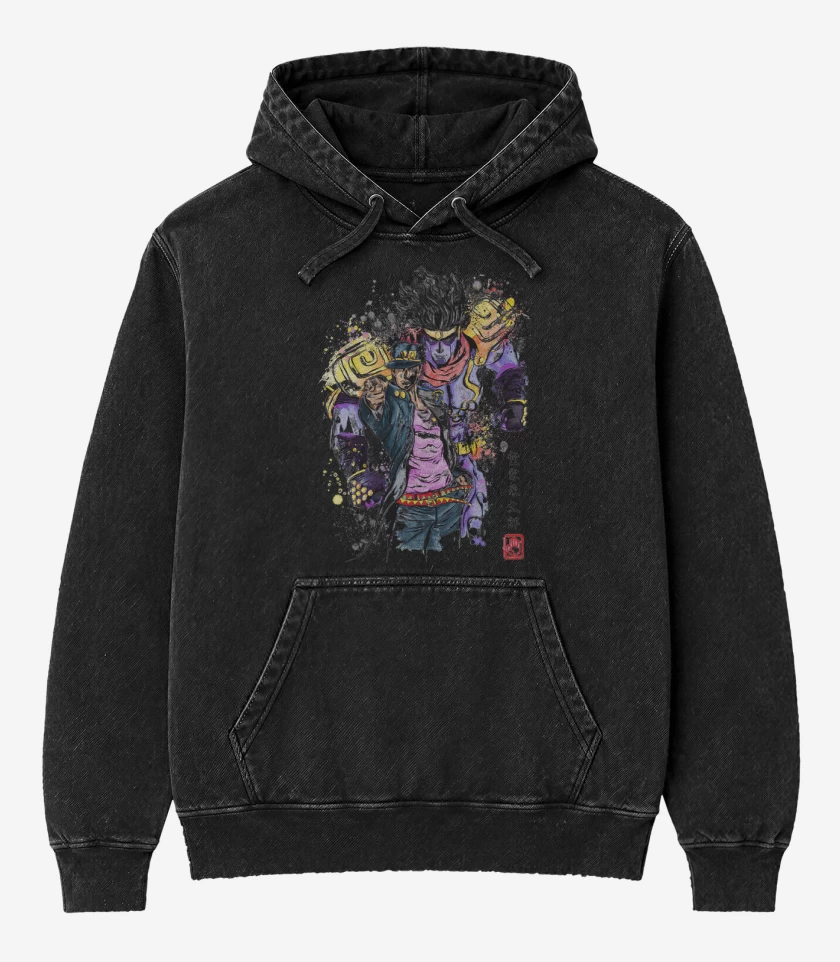 Poleron Canguro Acid Wash Negro de Jotaro Kujo