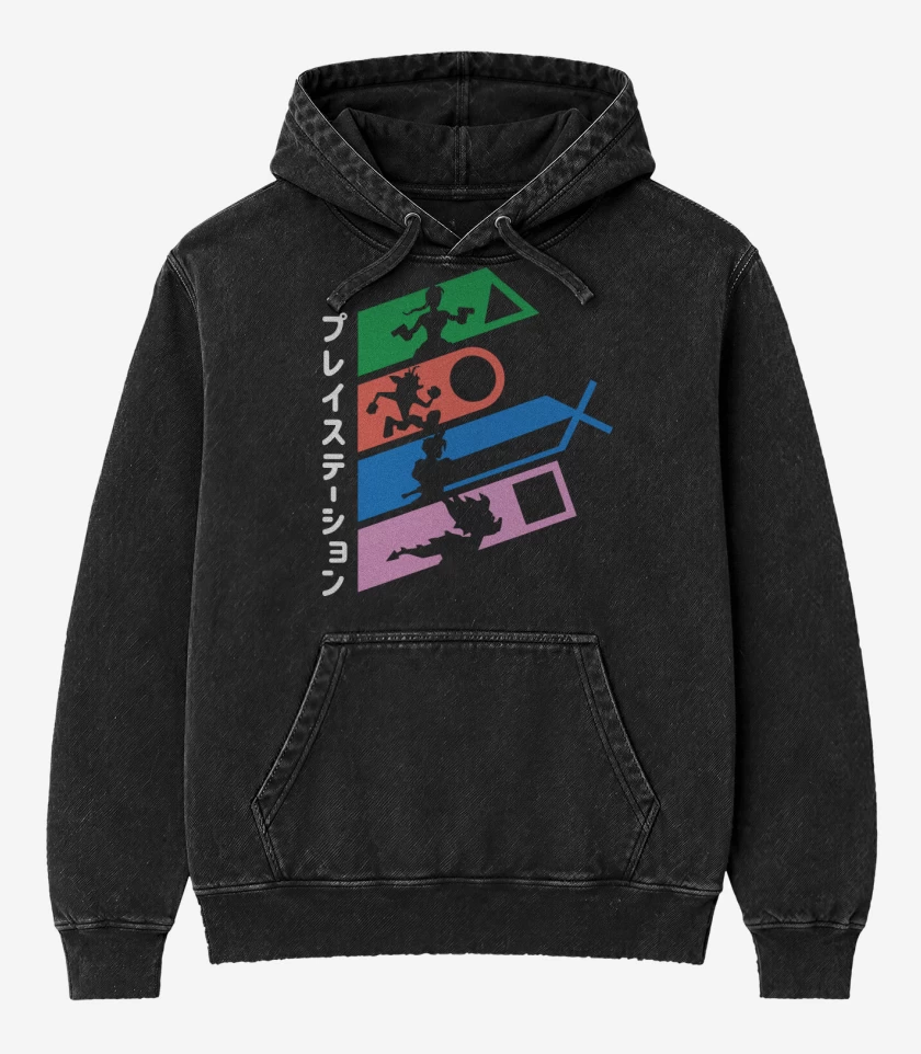 Poleron Canguro Acid Wash Negro de Play Station Legends