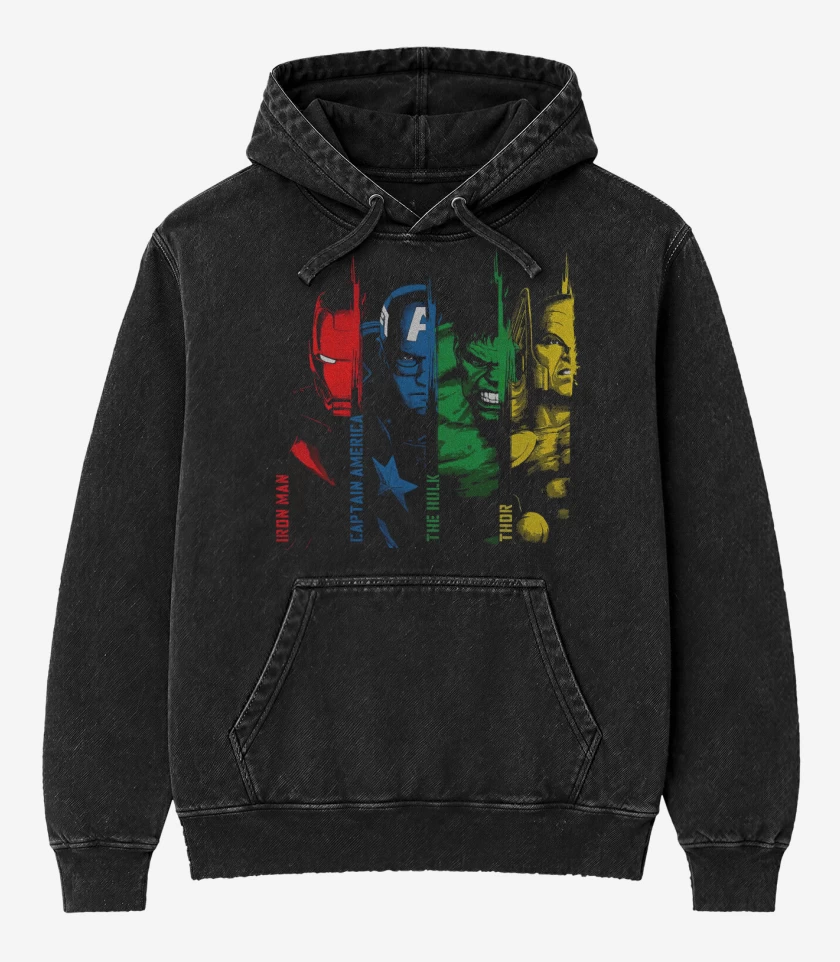 Poleron Canguro Acid Wash Negro de Los Avengers