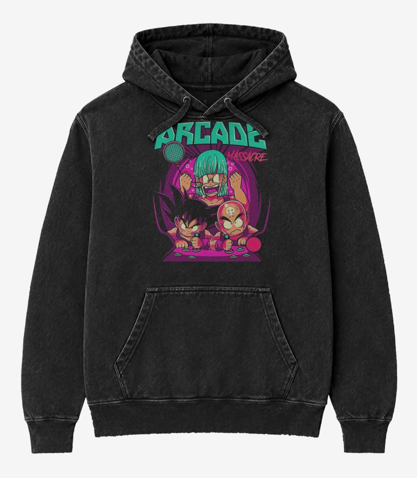 Poleron Canguro Acid Wash Negro de Dragon Ball Arcade Massacre