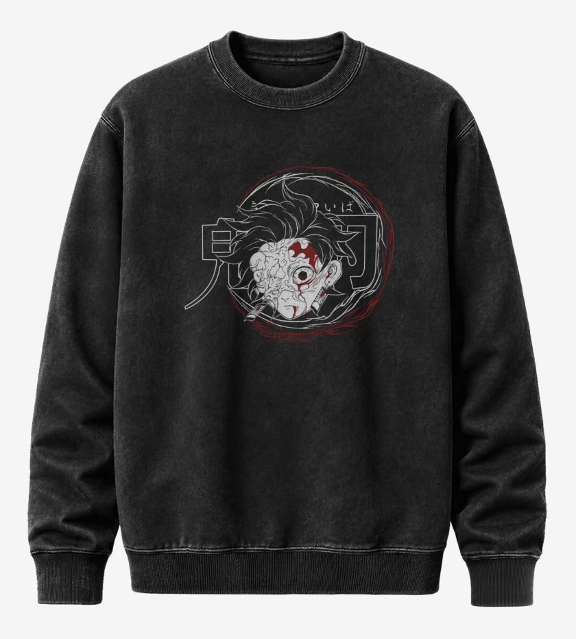 Poleron Polo Acid Wash Negro de Tanjiro Demonio