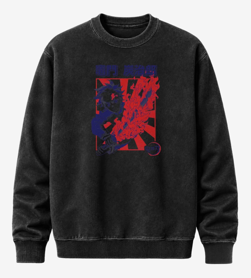 Poleron Polo Acid Wash Negro de Tanjiro Danza del Fuego