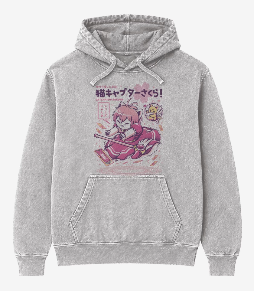 Poleron Canguro Acid Wash Gris Melange de Sakura Cat Captor
