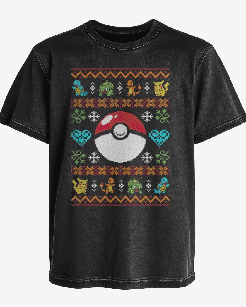 Polera desgastada Negro de Pokemon Navidad