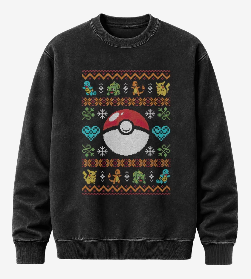 Poleron Polo Acid Wash Negro de Pokemon Navidad