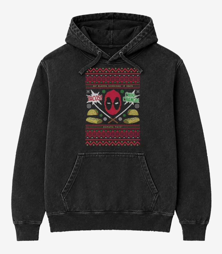Poleron Canguro Acid Wash Negro de Dead pool Navidad