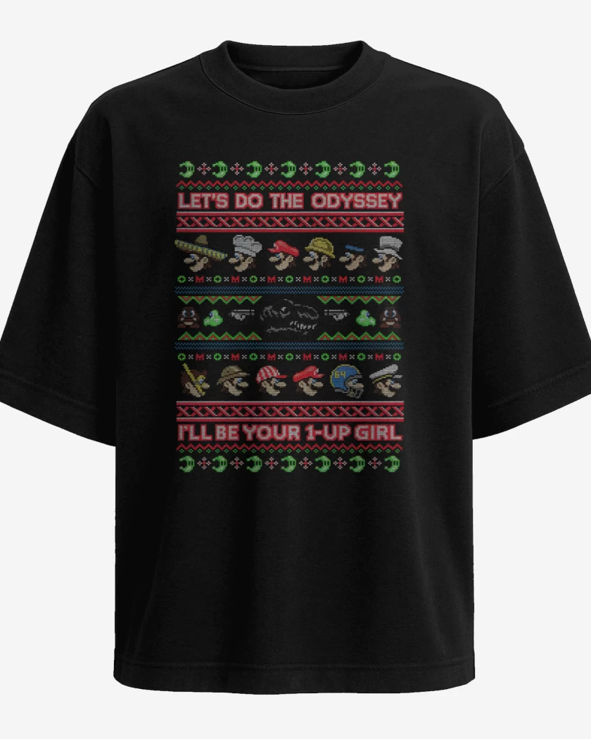 Polera Oversize Negro de Super Bigote Bross Navidad
