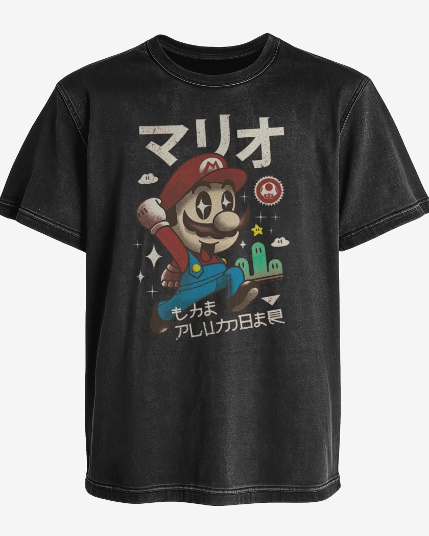 Polera desgastada Negro de Kawai bigote