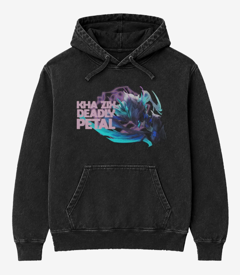 Poleron Canguro Acid Wash Negro de Khazix deadly Petal