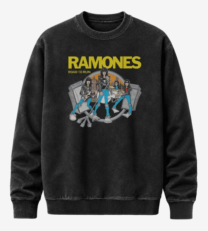 Poleron Polo Acid Wash Negro de Ramones road to ruin