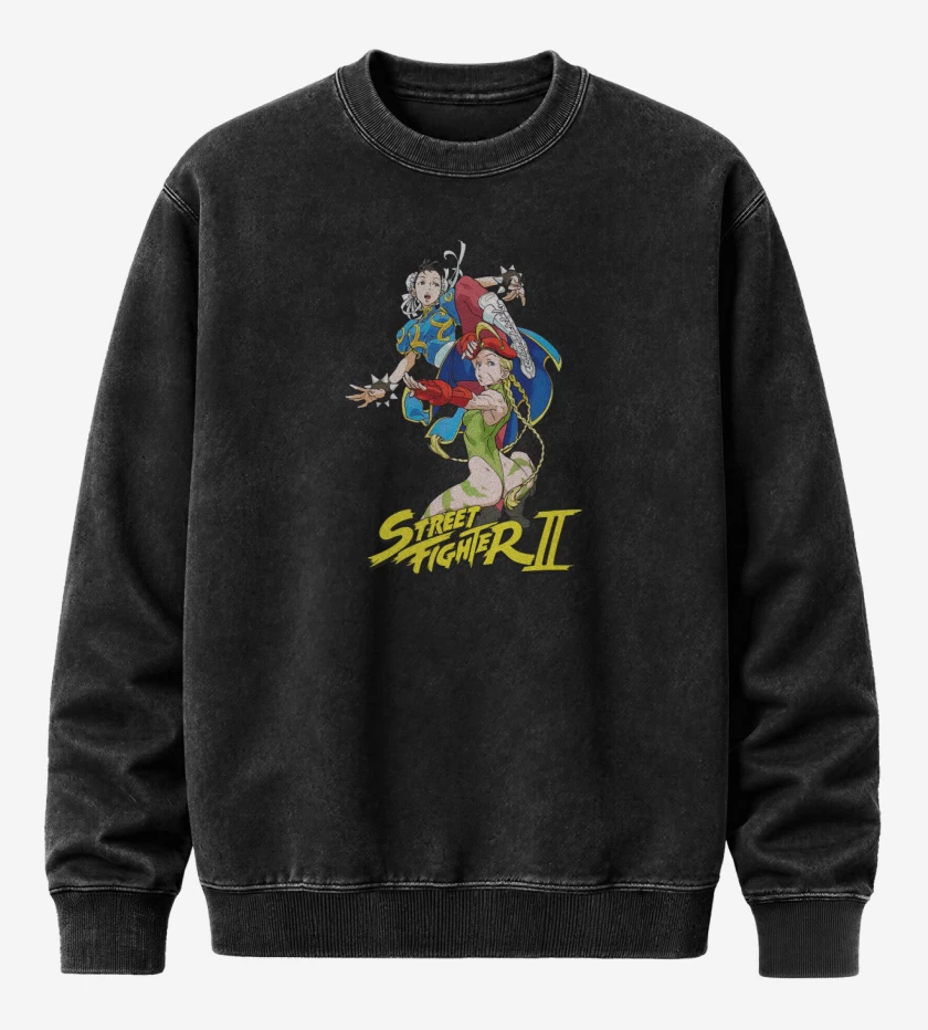 Poleron Polo Acid Wash Negro de Chun-Li & Cammy