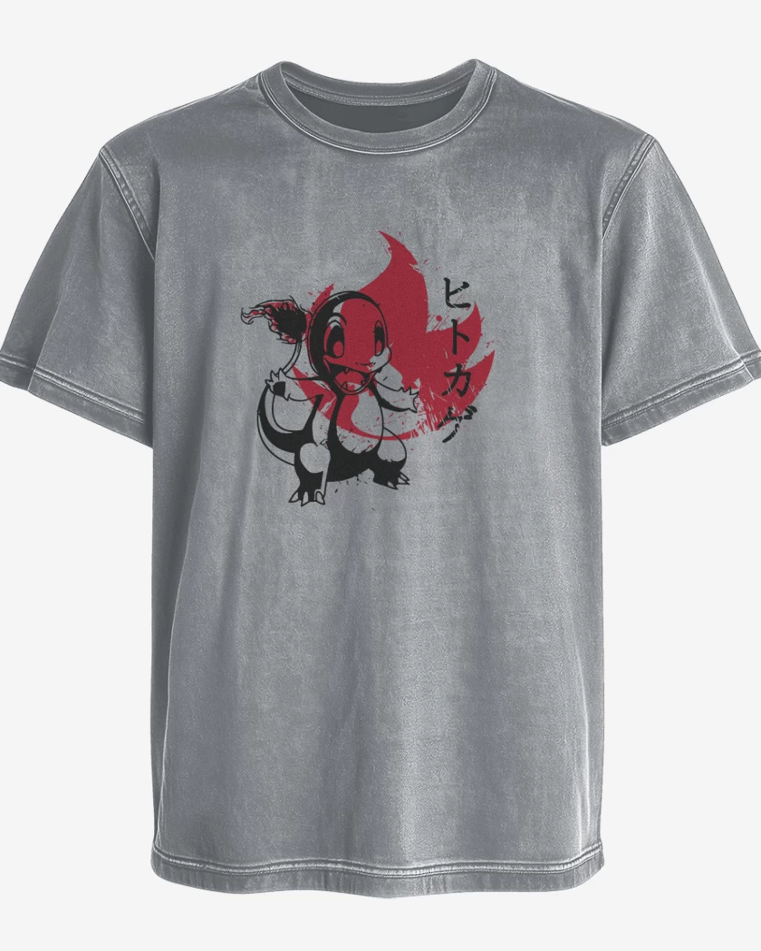 Polera desgastada Gris Melange de Charmander Fuego