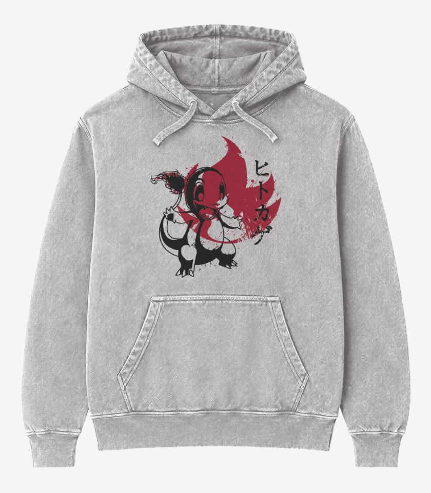 Poleron Canguro Acid Wash Gris Melange de Charmander Fuego