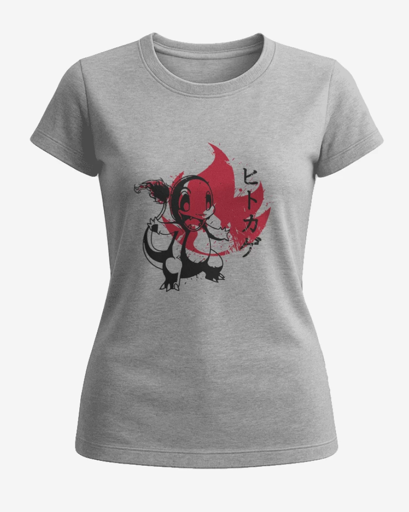 Polera de Mujer Gris Melange de Charmander Fuego