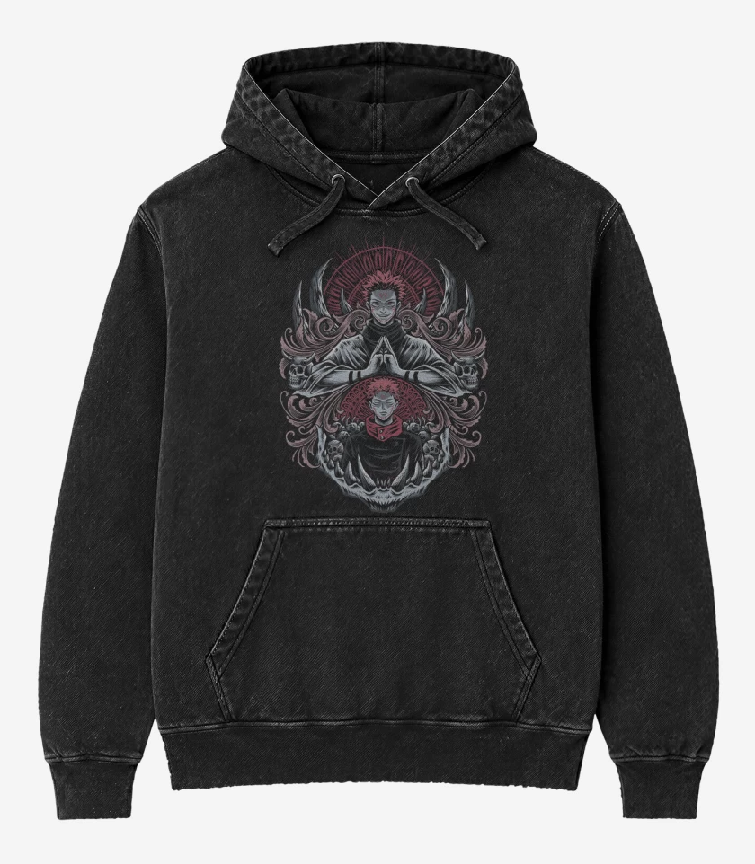 Poleron Canguro Acid Wash Negro de Dominio de Sukuna