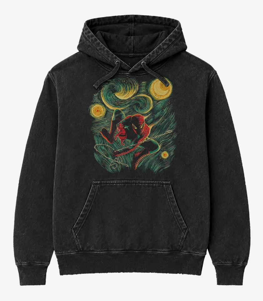 Poleron Canguro Acid Wash Negro de Spider van gogh