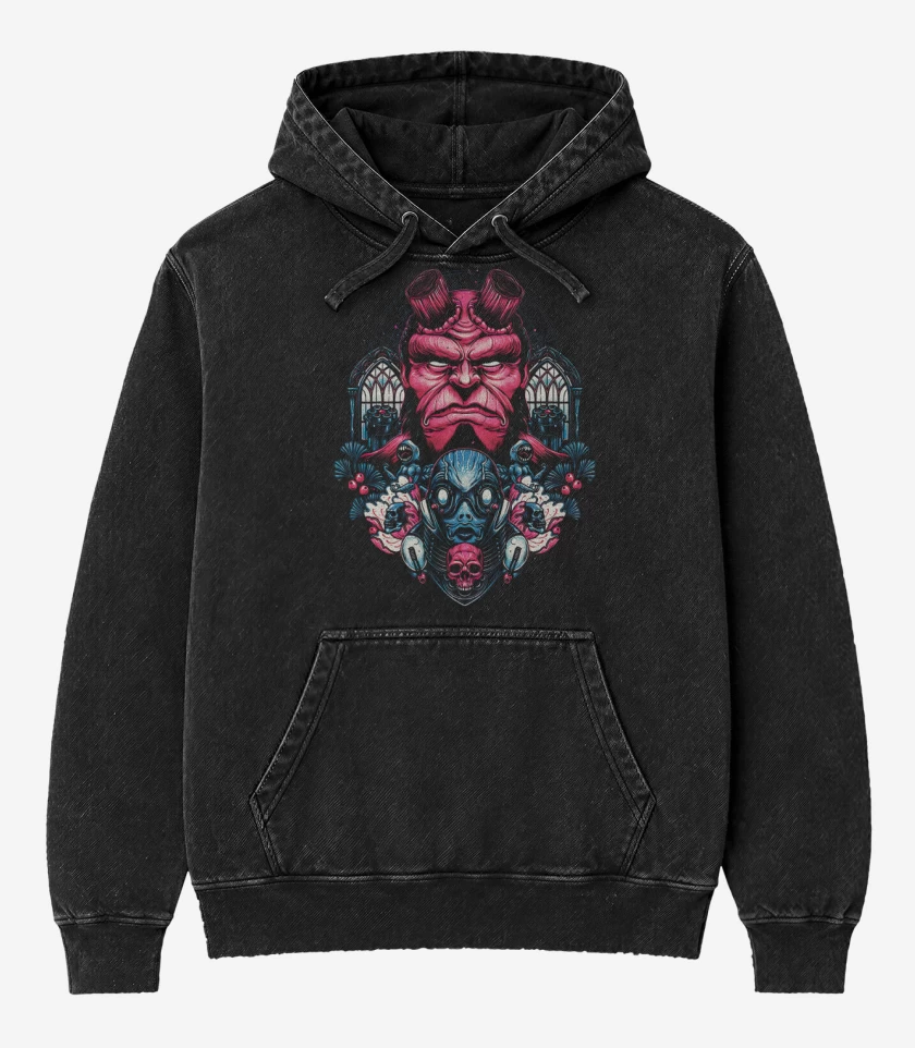 Poleron Canguro Acid Wash Negro de Hellboy and Sapiens