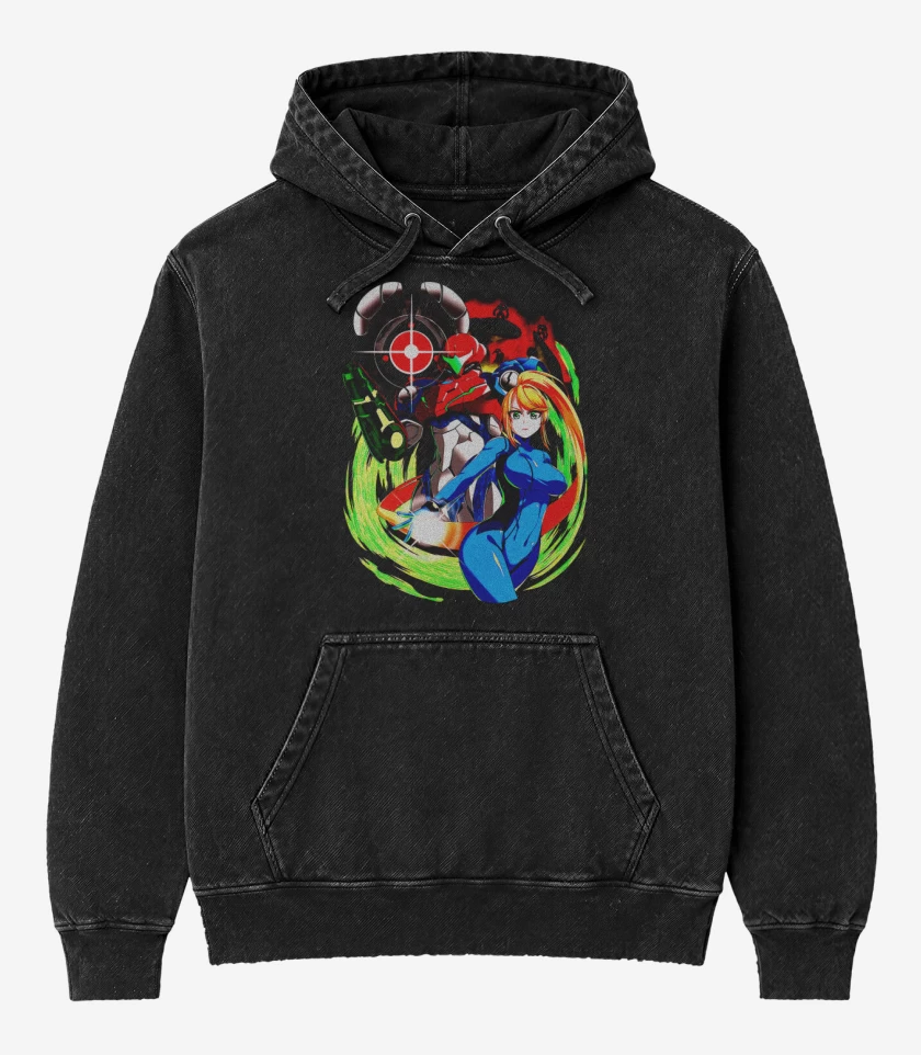 Poleron Canguro Acid Wash Negro de Samus Metroid