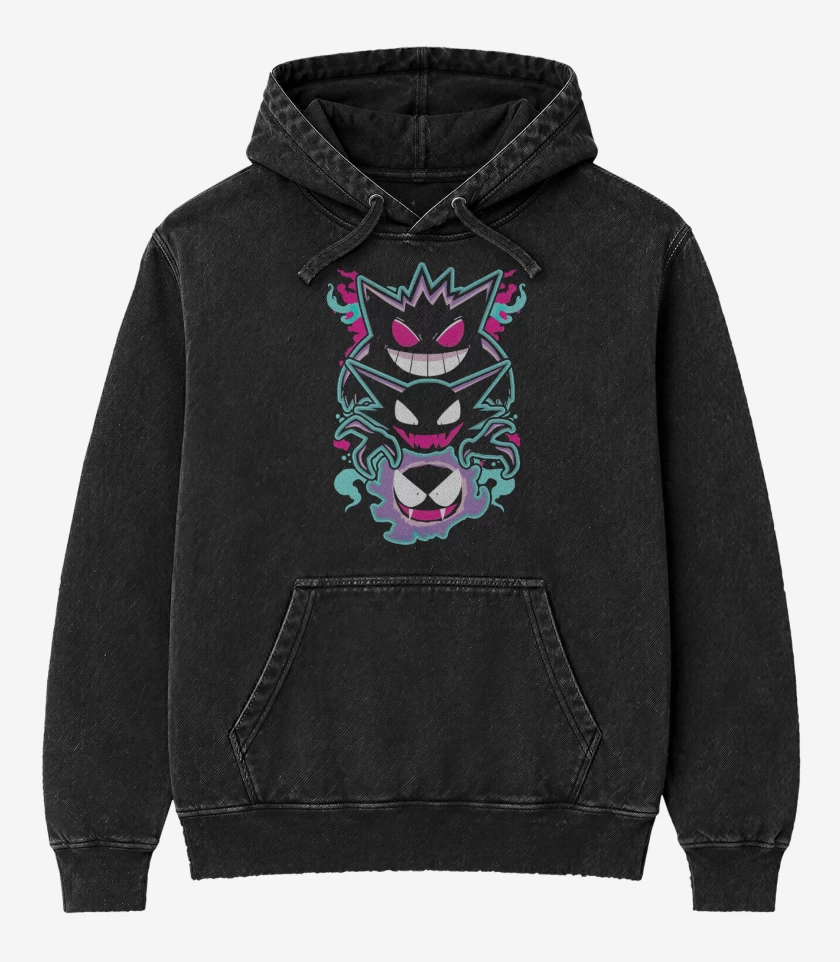 Poleron Canguro Acid Wash Negro de Trio Fantasmal