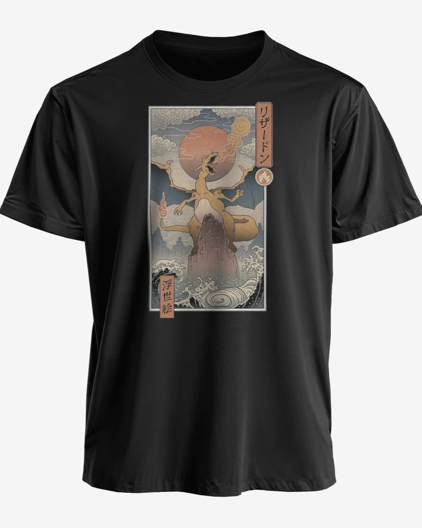 Polera premium Negro de Charizard Ukiyo-e