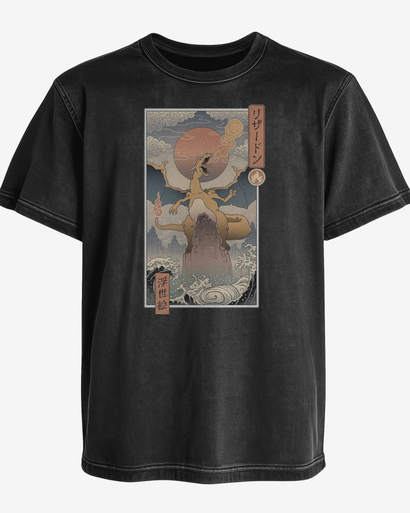 Polera desgastada Negro de Charizard Ukiyo-e