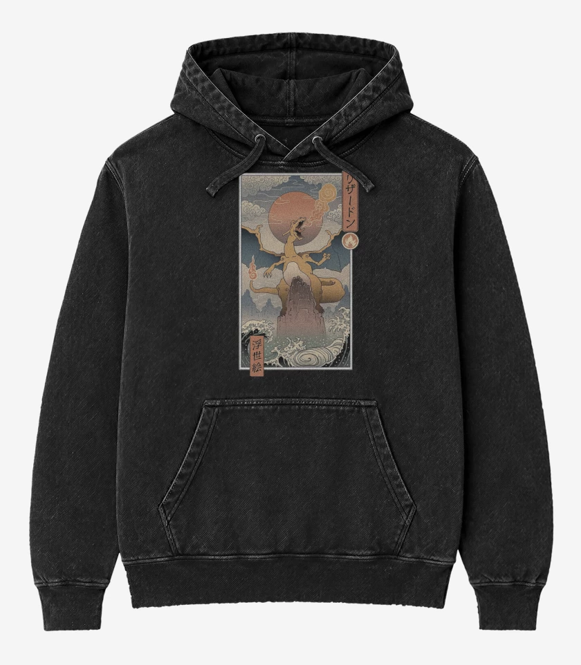 Poleron Canguro Acid Wash Negro de Charizard Ukiyo-e