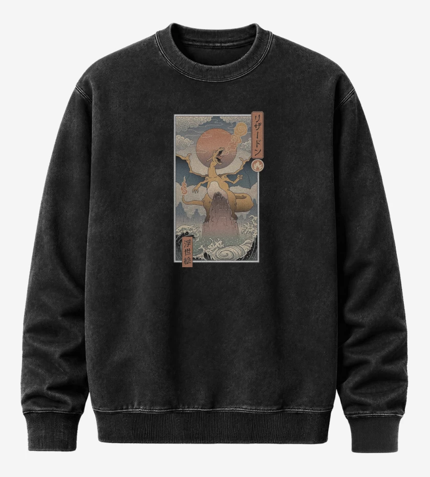 Poleron Polo Acid Wash Negro de Charizard Ukiyo-e