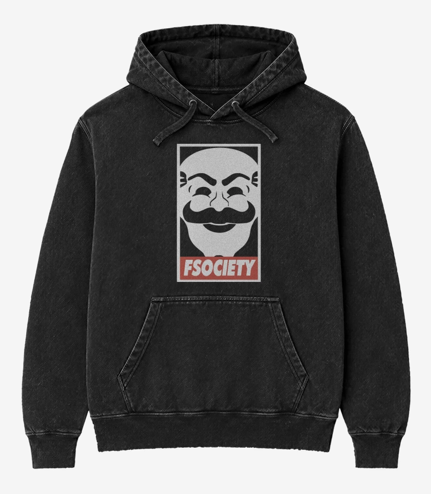 Poleron Canguro Acid Wash Negro de Fsociety